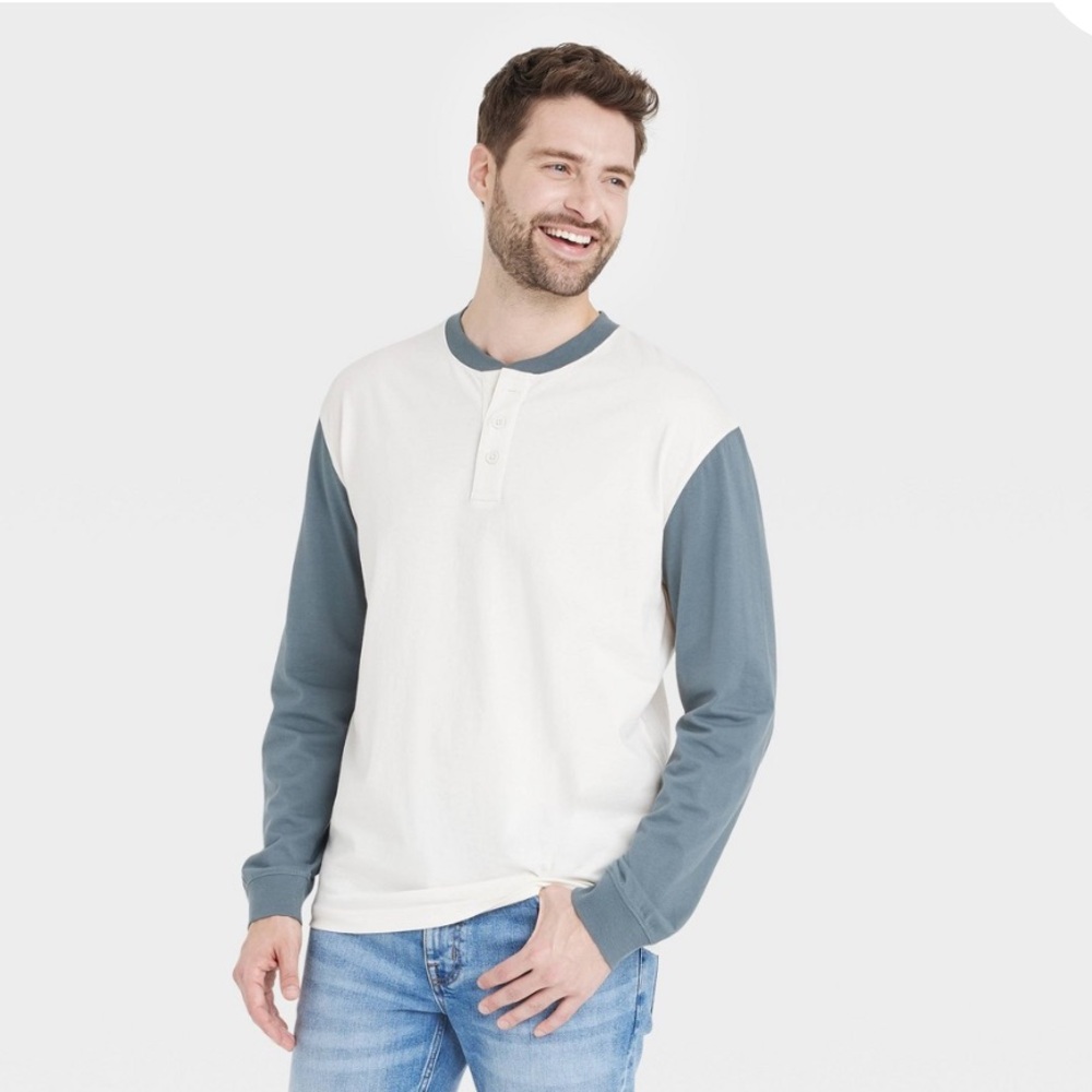 ⭐️ Goodfellow & Co Men's Off-White and Blue Long Sleeve Henley XL